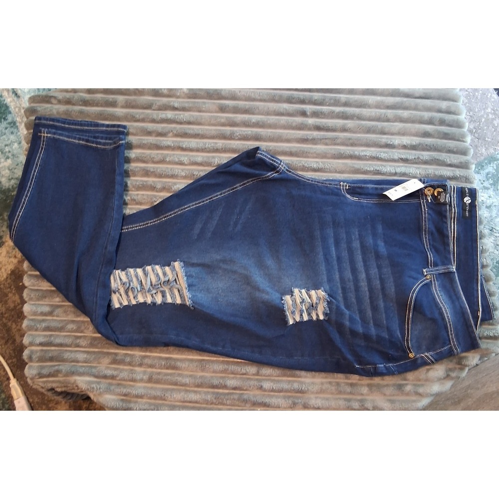 Ashley Stewart High Rise Deconstructed Denim Stretch Jean Dark rinse Size 30 NWT
